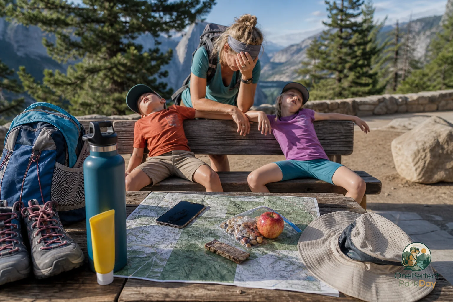 Family looking over a national park viewpoint with daypacks and water bottles