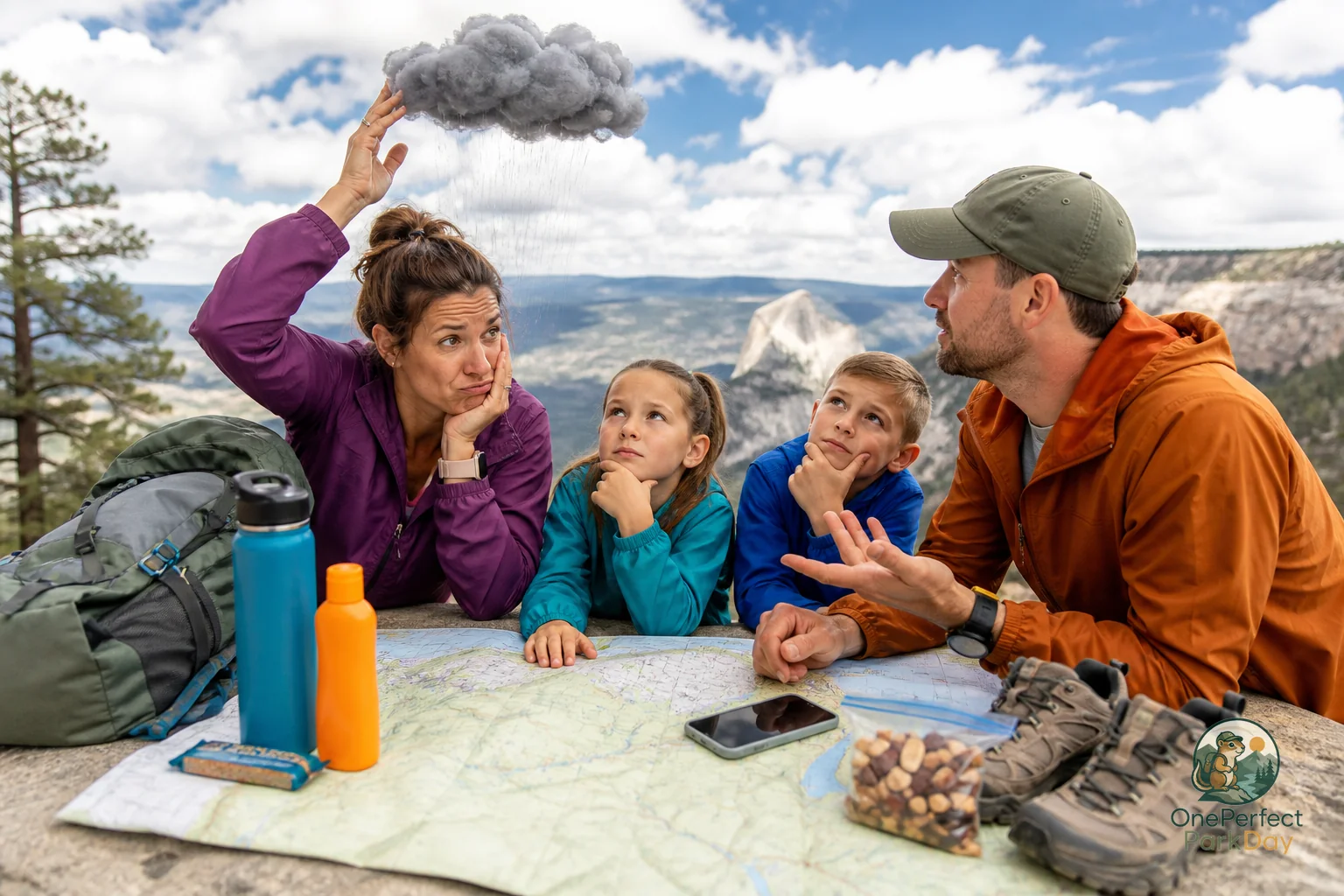 Daypack, folded map, water bottles, and snacks on a picnic table near a national park trailhead