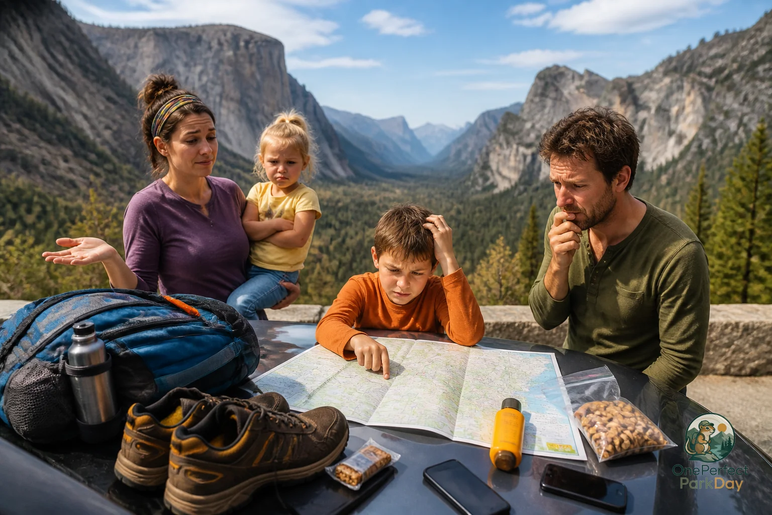 Family looking at a US National Park map beside a scenic overlook with a short list of planned stops