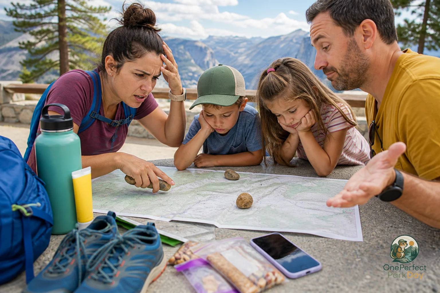 A folded national park map with marked scenic stops, short trails, and a flexible one-day route