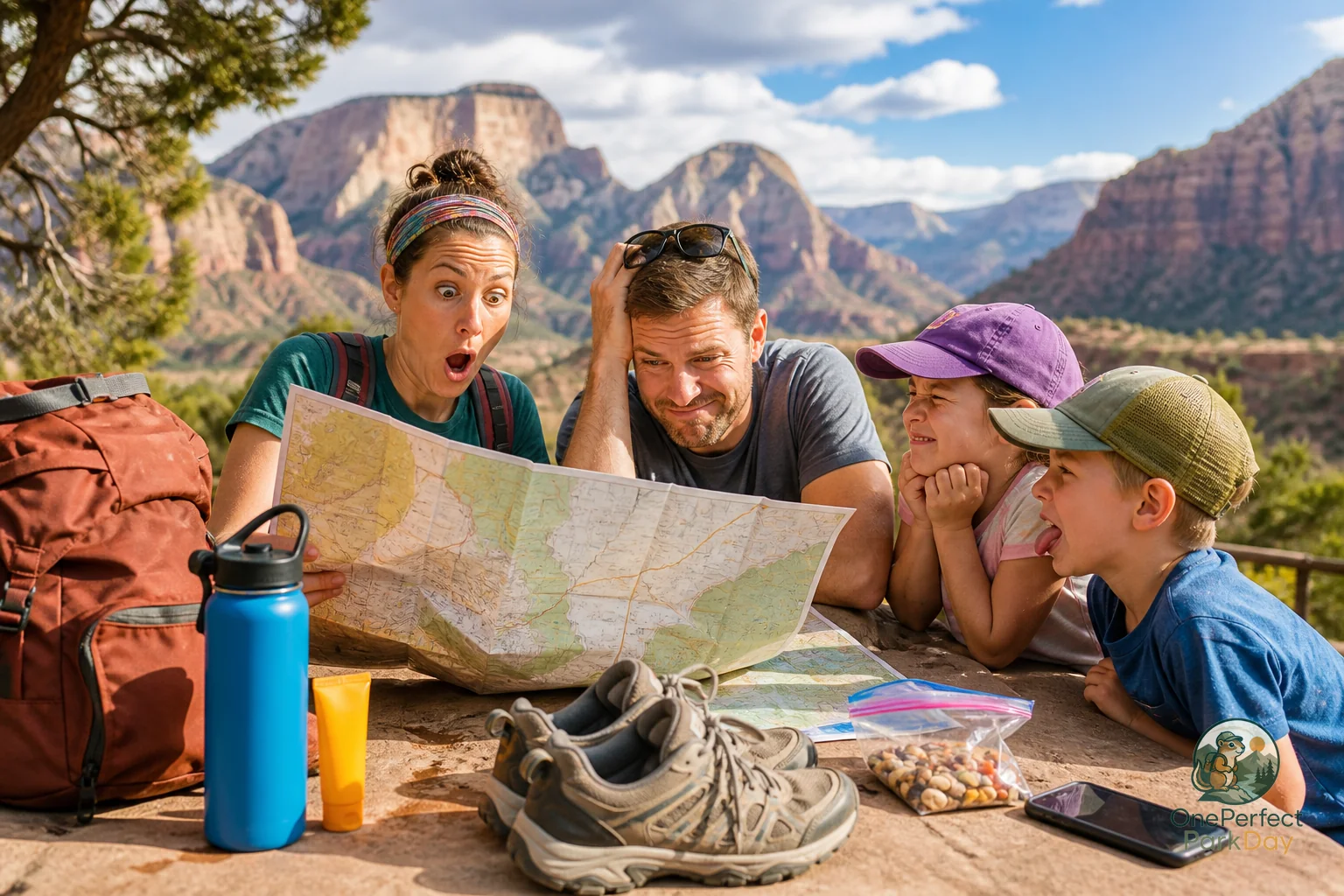 A folded national park map with nearby overlooks trails and picnic areas circled into simple day planning zones.